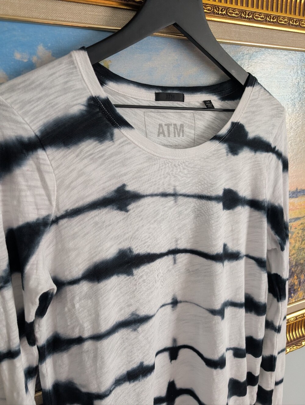 ATM Anthony Thomas Melillo Black & White Striped Tie-Dye Long Sleeve Shirt